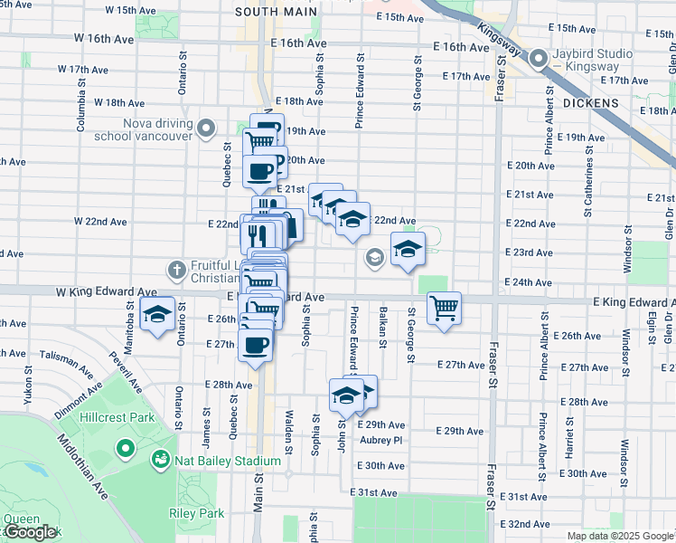 map of restaurants, bars, coffee shops, grocery stores, and more near 349 East 24th Avenue in Vancouver