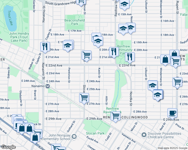 map of restaurants, bars, coffee shops, grocery stores, and more near 2748 East 23rd Avenue in Vancouver