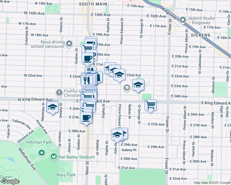 map of restaurants, bars, coffee shops, grocery stores, and more near 365 East 24th Avenue in Vancouver