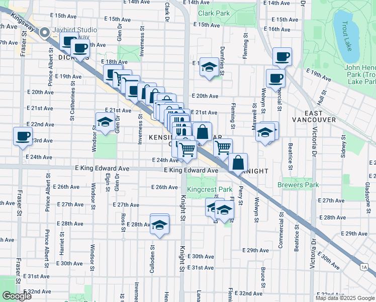 map of restaurants, bars, coffee shops, grocery stores, and more near 4028 Knight Street in Vancouver