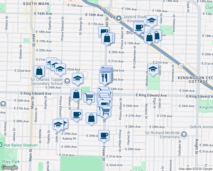 map of restaurants, bars, coffee shops, grocery stores, and more near 3962 Fraser Street in Vancouver