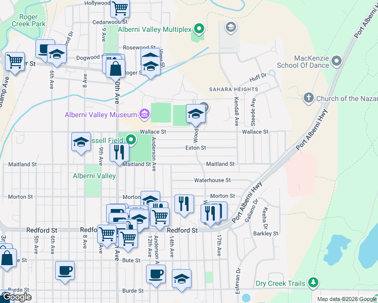 map of restaurants, bars, coffee shops, grocery stores, and more near 3896 Exton Street in Port Alberni