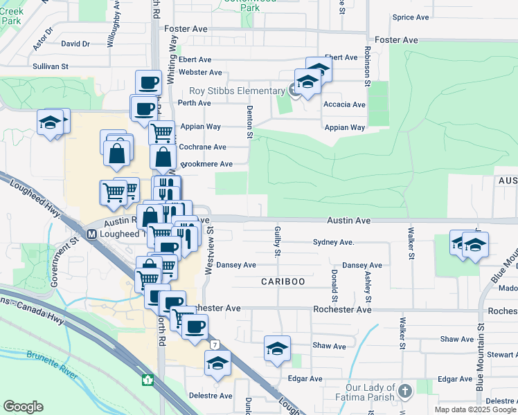 map of restaurants, bars, coffee shops, grocery stores, and more near 595 Austin Avenue in Coquitlam