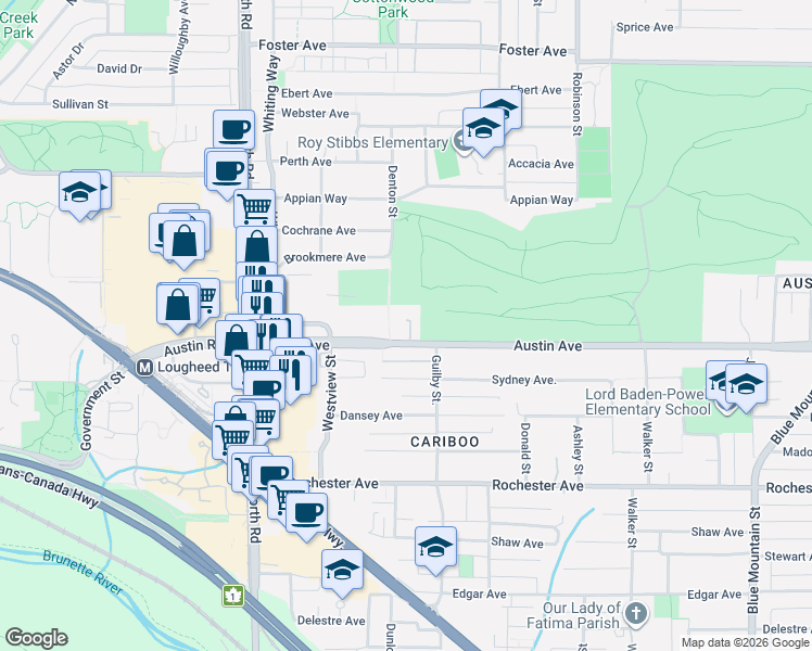map of restaurants, bars, coffee shops, grocery stores, and more near 585 Austin Avenue in Coquitlam