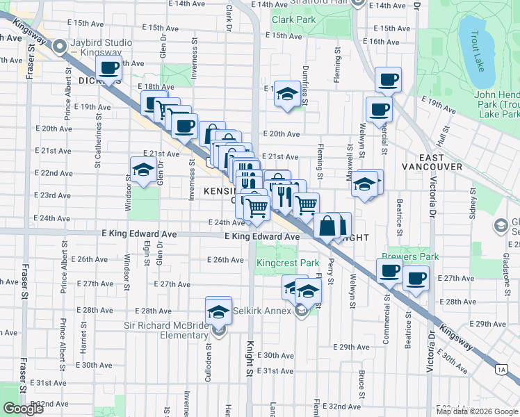 map of restaurants, bars, coffee shops, grocery stores, and more near 4028 Knight Street in Vancouver