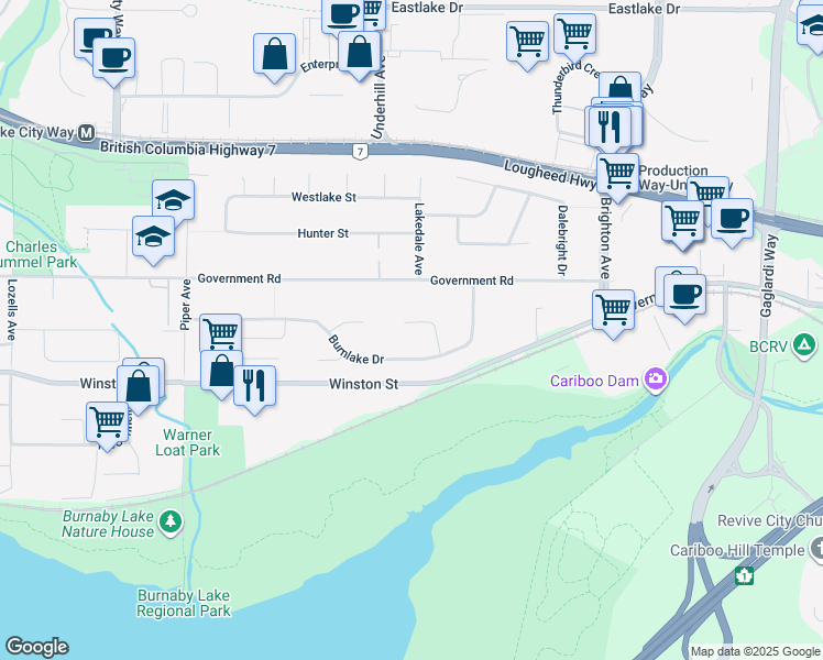 map of restaurants, bars, coffee shops, grocery stores, and more near 8194 Woodlake Court in Burnaby