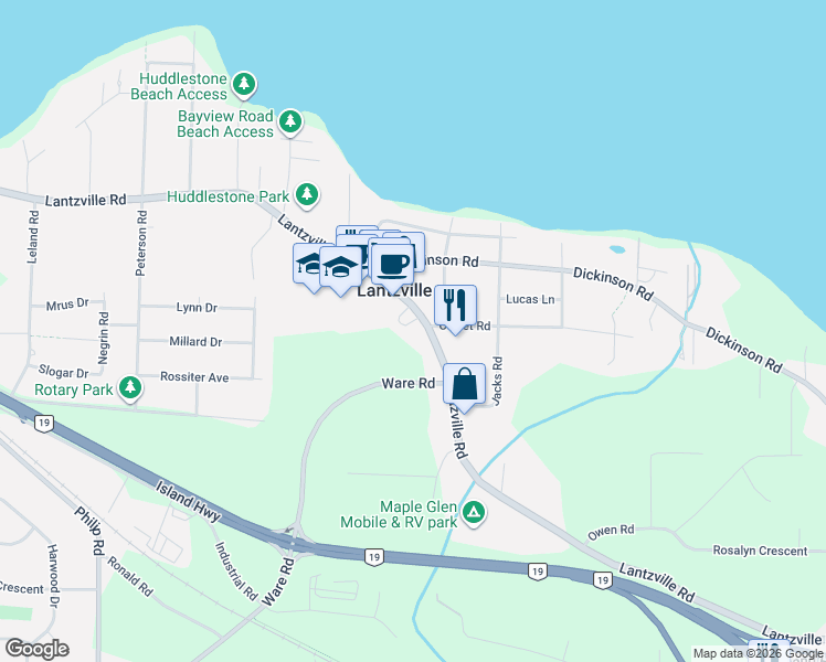 map of restaurants, bars, coffee shops, grocery stores, and more near 7181 Lantzville Road in Lantzville