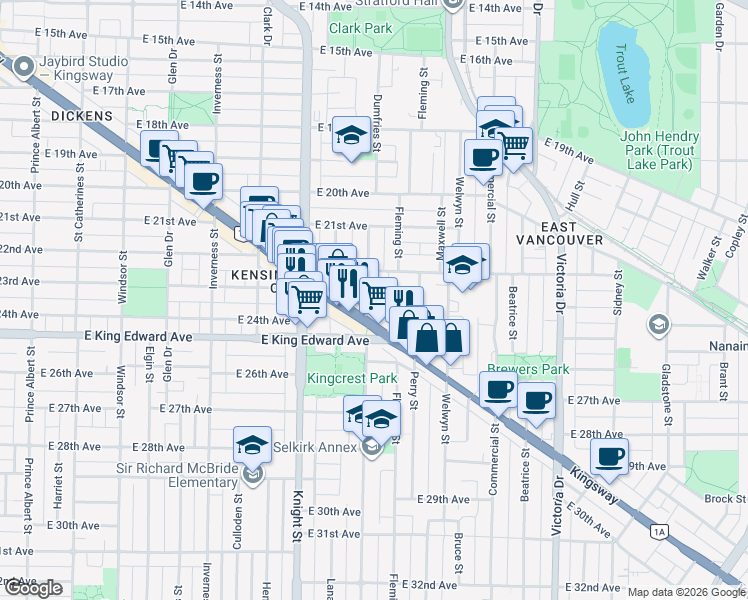 map of restaurants, bars, coffee shops, grocery stores, and more near 3960 Dumfries Street in Vancouver