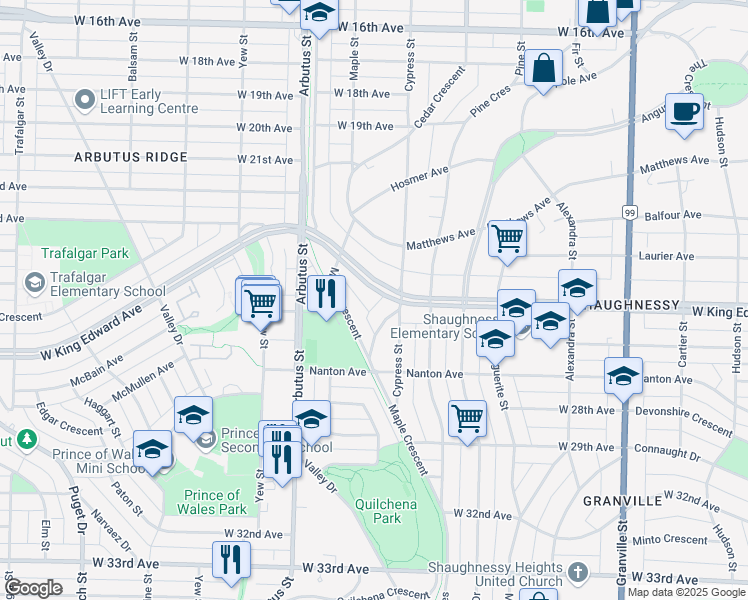 map of restaurants, bars, coffee shops, grocery stores, and more near 1906 West King Edward Avenue in Vancouver