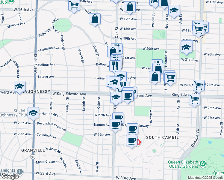 map of restaurants, bars, coffee shops, grocery stores, and more near in Vancouver