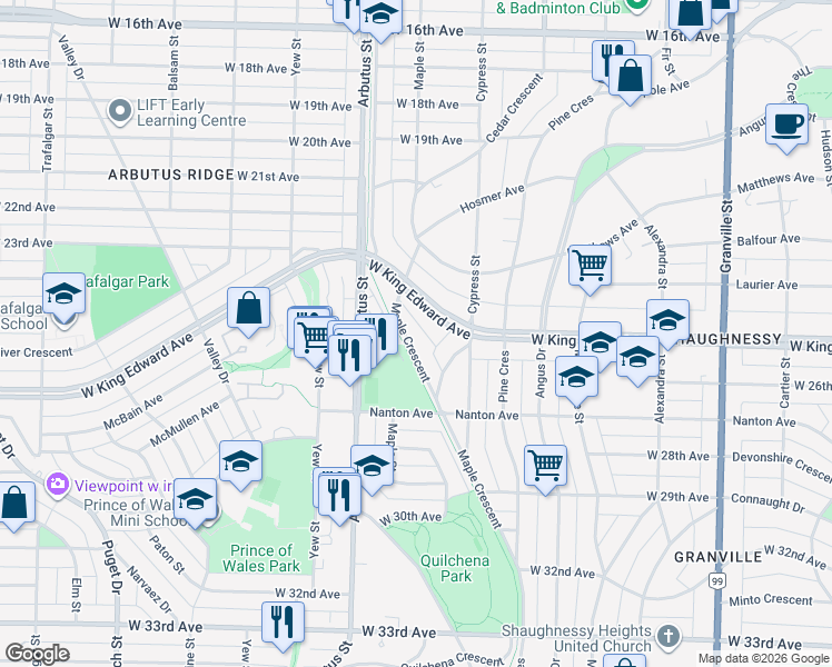 map of restaurants, bars, coffee shops, grocery stores, and more near 4090 Maple Crescent in Vancouver