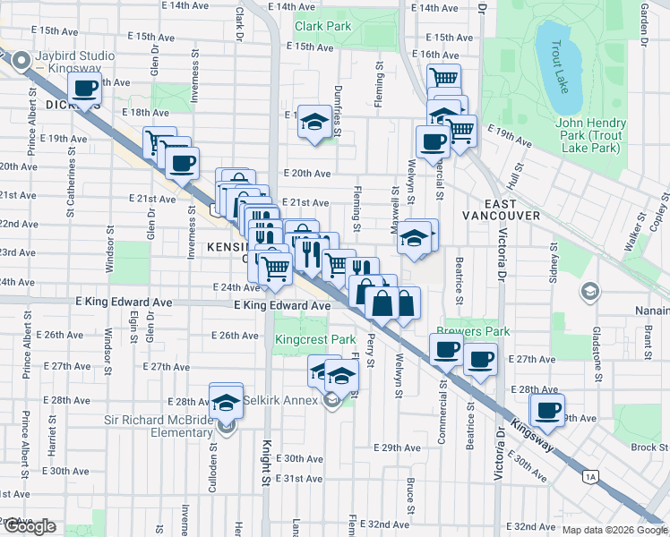 map of restaurants, bars, coffee shops, grocery stores, and more near in Vancouver