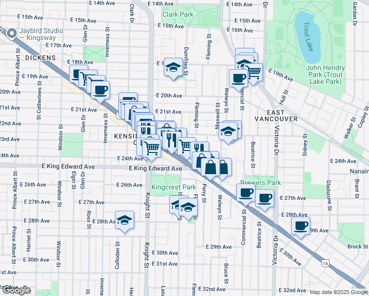 map of restaurants, bars, coffee shops, grocery stores, and more near 3956 Dumfries Street in Vancouver