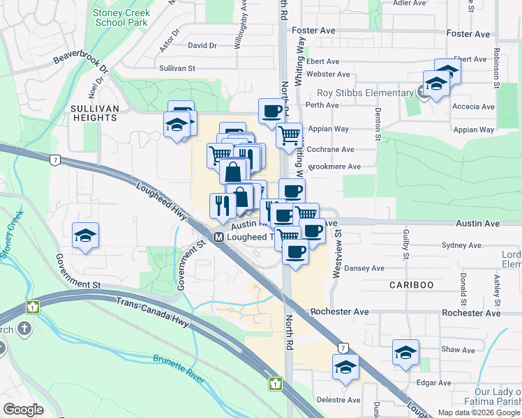 map of restaurants, bars, coffee shops, grocery stores, and more near 9859 Austin Road in Burnaby
