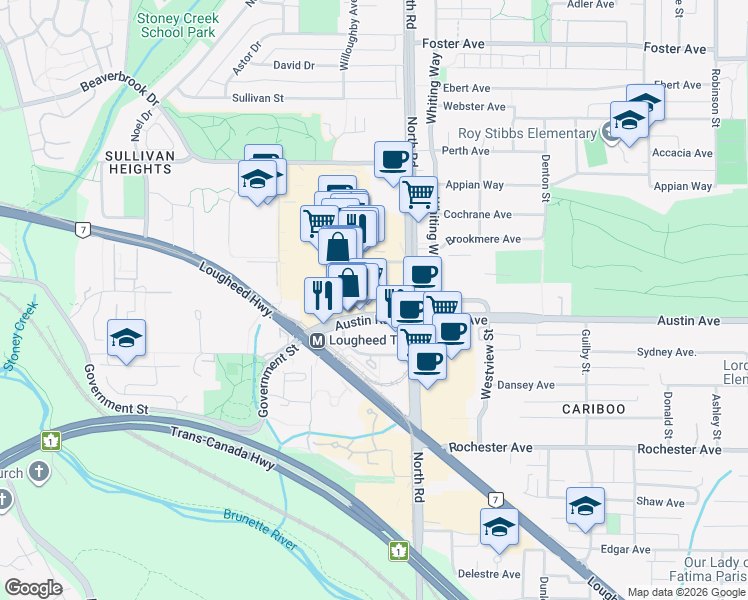 map of restaurants, bars, coffee shops, grocery stores, and more near 9859 Austin Road in Burnaby