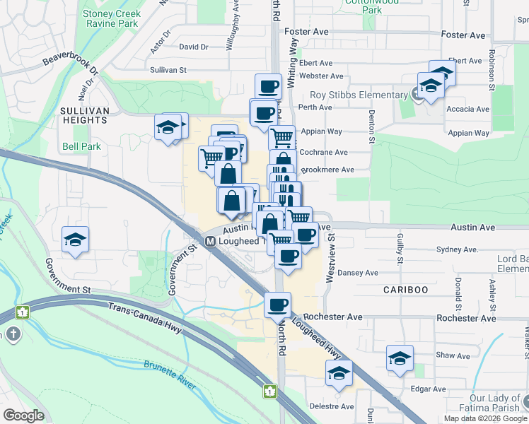 map of restaurants, bars, coffee shops, grocery stores, and more near 3888 Evergreen Place in Burnaby