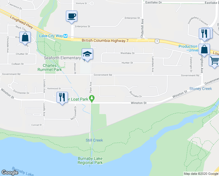 map of restaurants, bars, coffee shops, grocery stores, and more near 7980 Burnlake Drive in Burnaby