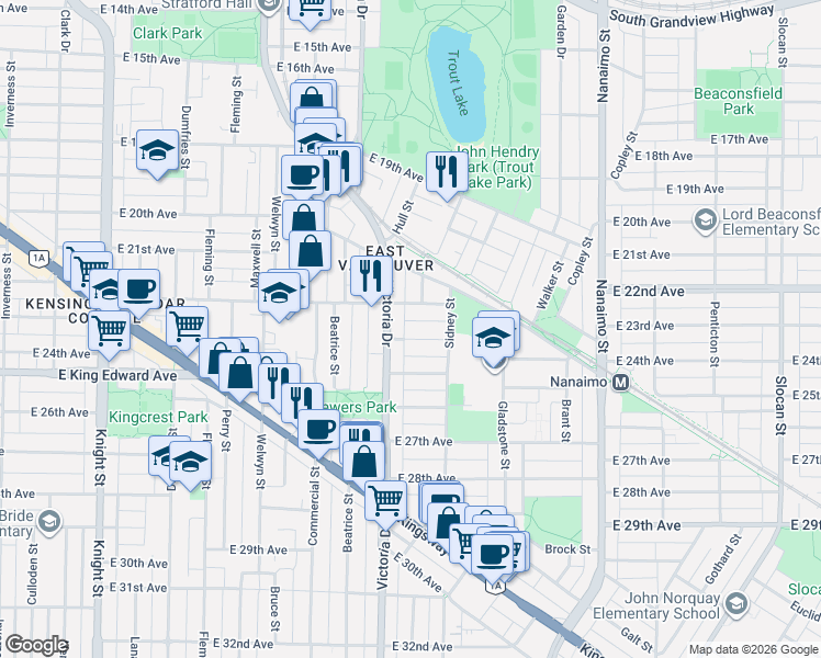 map of restaurants, bars, coffee shops, grocery stores, and more near 2031 East 23rd Avenue in Vancouver