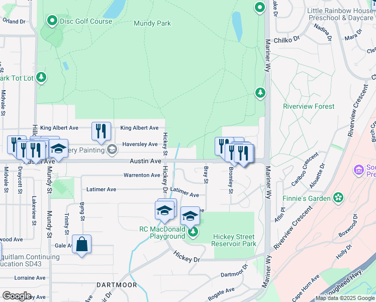 map of restaurants, bars, coffee shops, grocery stores, and more near 2560 Haversley Avenue in Coquitlam