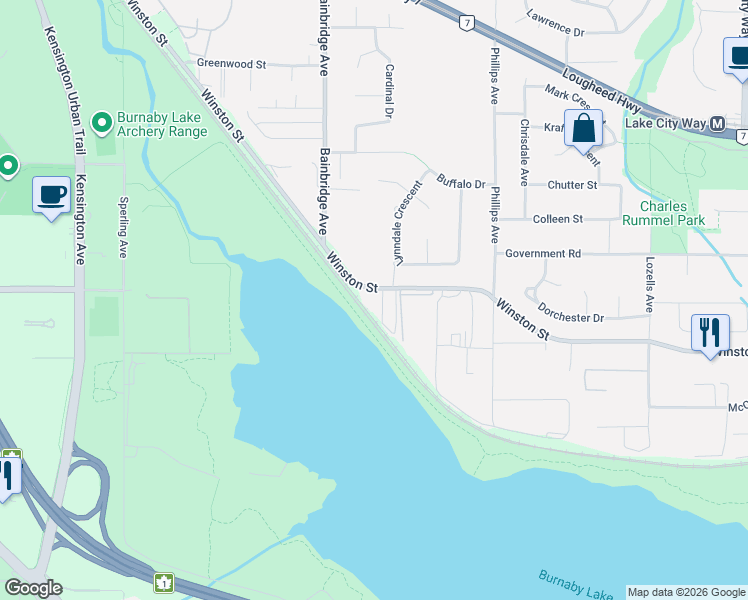 map of restaurants, bars, coffee shops, grocery stores, and more near 7220 Winston Street in Burnaby