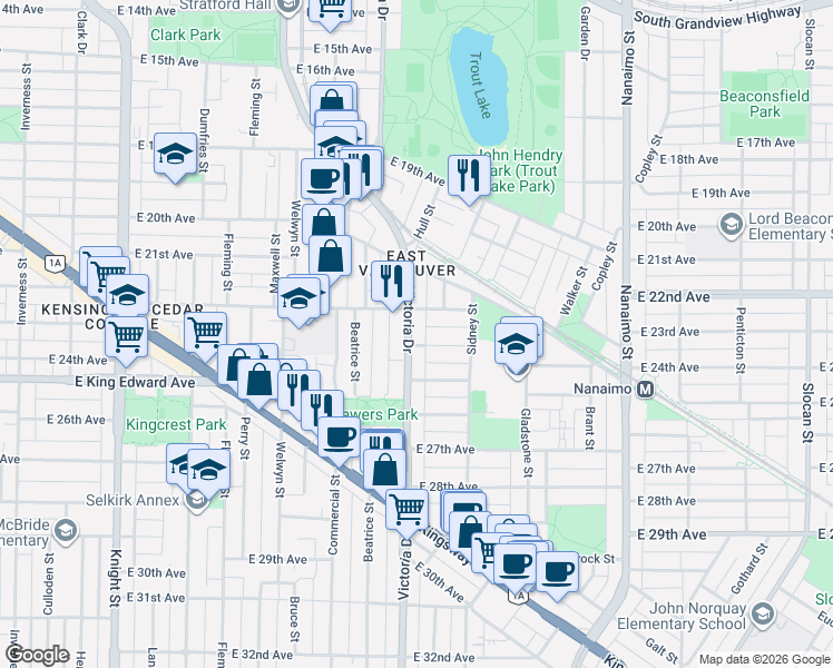map of restaurants, bars, coffee shops, grocery stores, and more near 3978 Victoria Drive in Vancouver