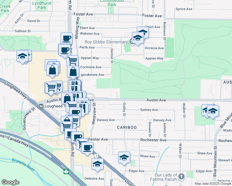 map of restaurants, bars, coffee shops, grocery stores, and more near 585 Austin Avenue in Coquitlam