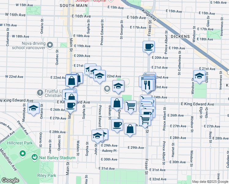 map of restaurants, bars, coffee shops, grocery stores, and more near 419 East 24th Avenue in Vancouver