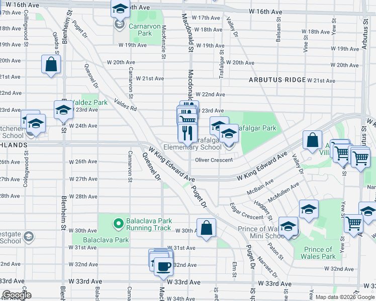 map of restaurants, bars, coffee shops, grocery stores, and more near 4111 Macdonald Street in Vancouver