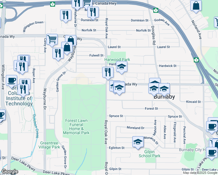 map of restaurants, bars, coffee shops, grocery stores, and more near 3878 Royal Oak Avenue in Burnaby