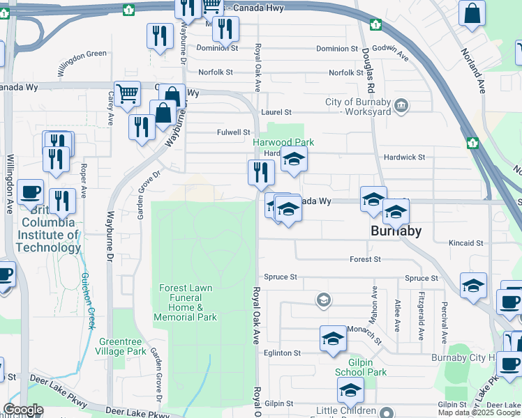 map of restaurants, bars, coffee shops, grocery stores, and more near 3878 Royal Oak Avenue in Burnaby