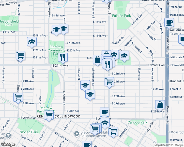 map of restaurants, bars, coffee shops, grocery stores, and more near 3192 East 23rd Avenue in Vancouver