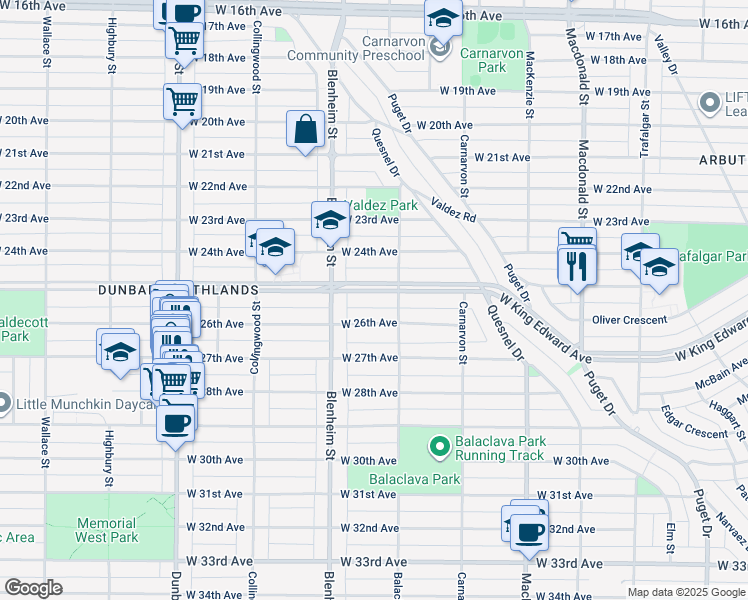 map of restaurants, bars, coffee shops, grocery stores, and more near 3238 West King Edward Avenue in Vancouver