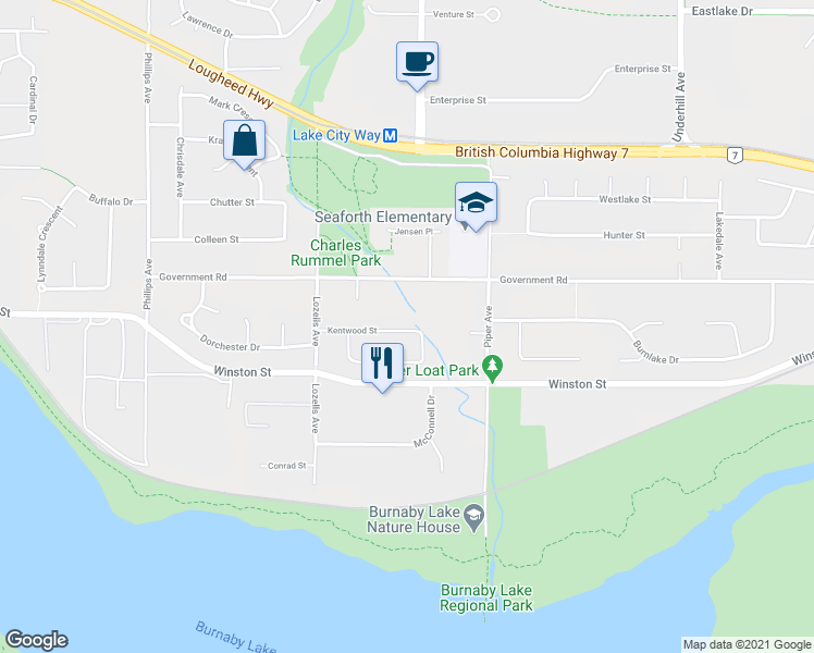 map of restaurants, bars, coffee shops, grocery stores, and more near 7775 Kentwood Street in Burnaby