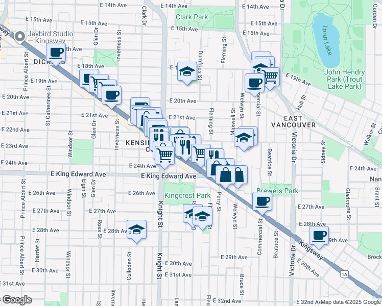 map of restaurants, bars, coffee shops, grocery stores, and more near in Vancouver