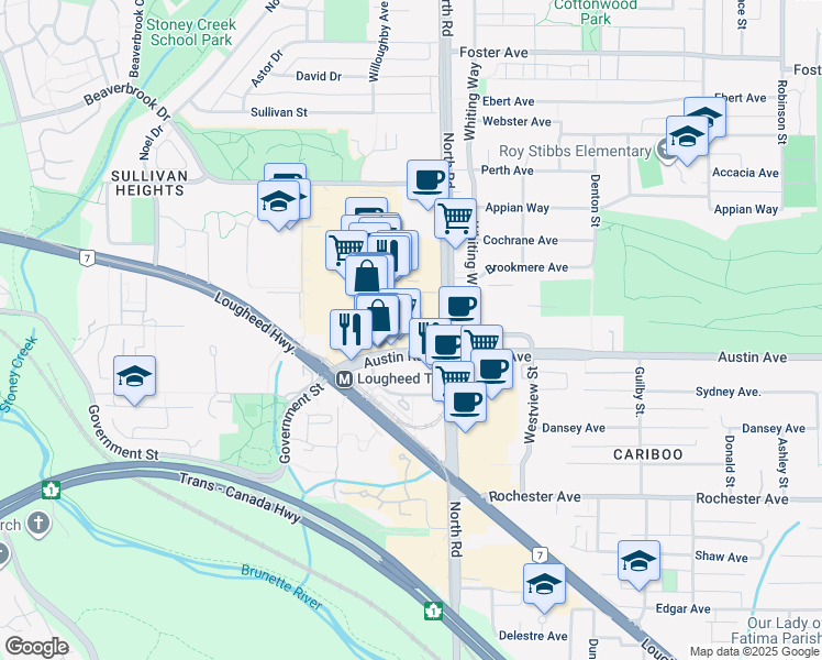 map of restaurants, bars, coffee shops, grocery stores, and more near 3833 Evergreen Place in Burnaby