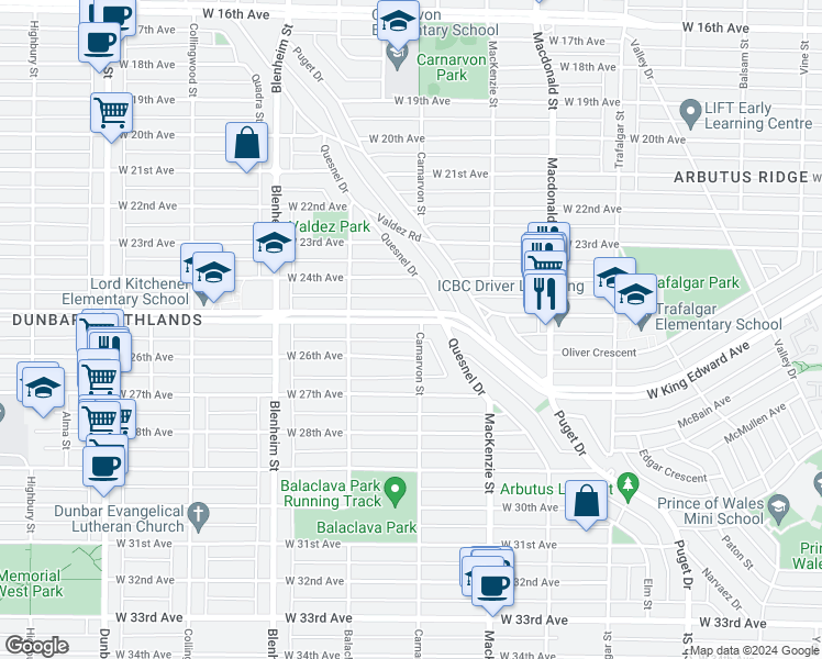 map of restaurants, bars, coffee shops, grocery stores, and more near 3022 West King Edward Avenue in Vancouver