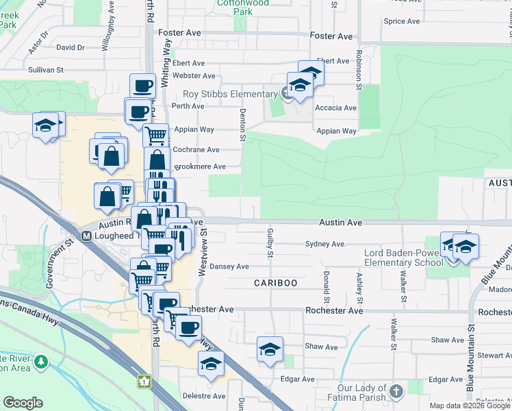 map of restaurants, bars, coffee shops, grocery stores, and more near 595 Austin Avenue in Coquitlam