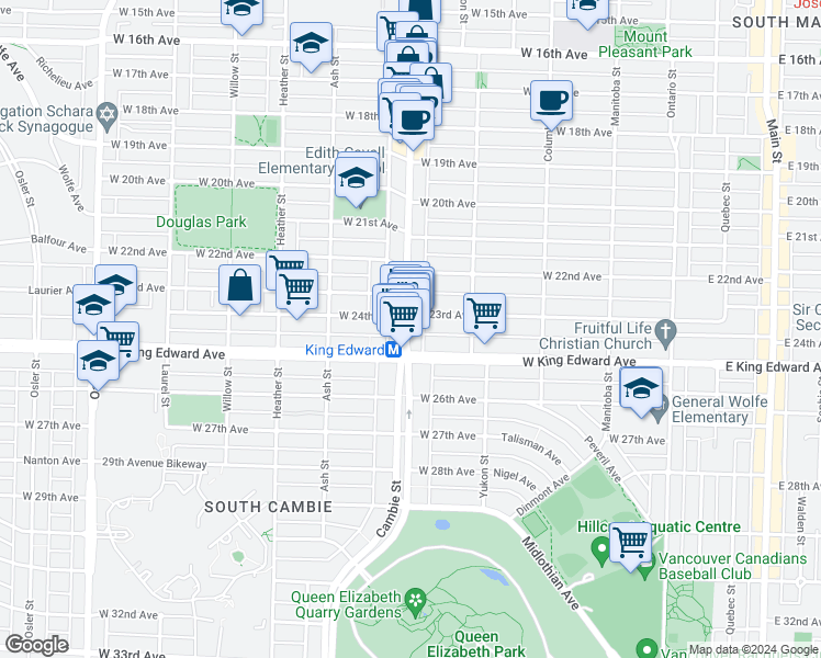map of restaurants, bars, coffee shops, grocery stores, and more near 4030 Cambie St in Vancouver