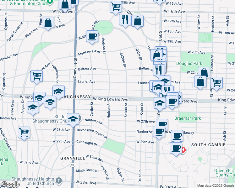 map of restaurants, bars, coffee shops, grocery stores, and more near 1251 West King Edward Avenue in Vancouver