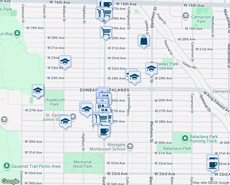 map of restaurants, bars, coffee shops, grocery stores, and more near 3554 West King Edward Avenue in Vancouver