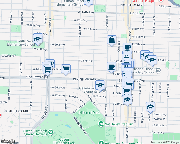 map of restaurants, bars, coffee shops, grocery stores, and more near 116 West 23rd Avenue in Vancouver