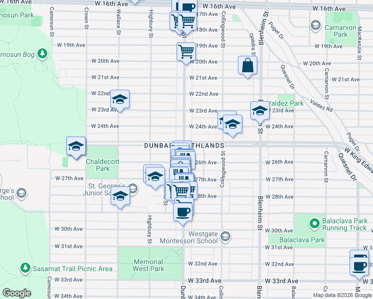 map of restaurants, bars, coffee shops, grocery stores, and more near 3594 West King Edward Avenue in Vancouver