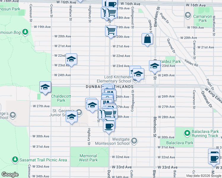 map of restaurants, bars, coffee shops, grocery stores, and more near 3594 West King Edward Avenue in Vancouver