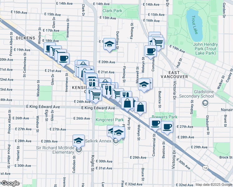 map of restaurants, bars, coffee shops, grocery stores, and more near 3932 Dumfries Street in Vancouver