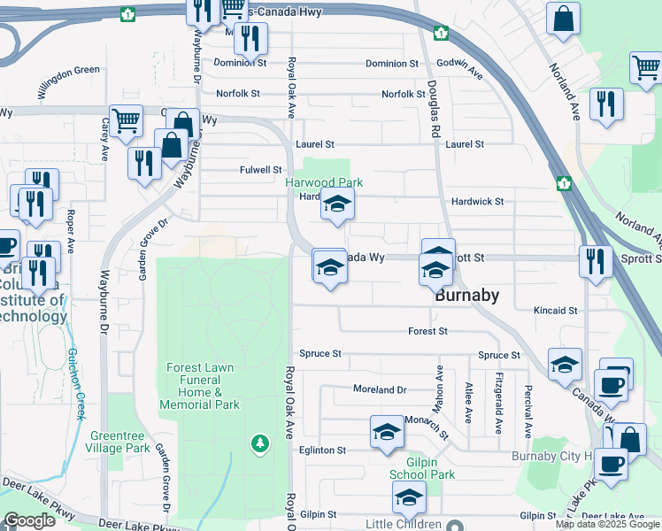 map of restaurants, bars, coffee shops, grocery stores, and more near 4778 Canada Way in Burnaby