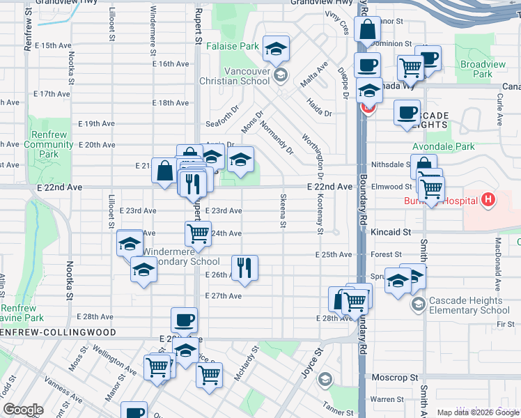map of restaurants, bars, coffee shops, grocery stores, and more near 3433 East 23rd Avenue in Vancouver