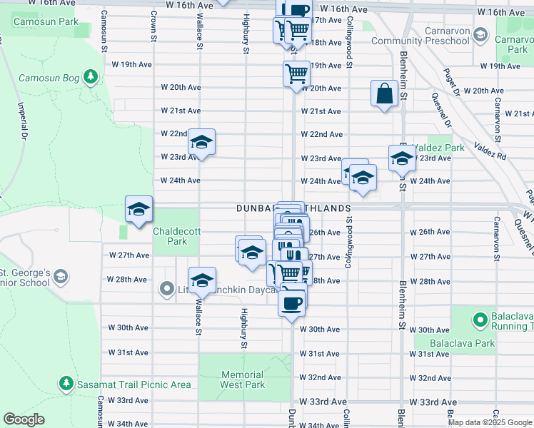 map of restaurants, bars, coffee shops, grocery stores, and more near 3706 West King Edward Avenue in Vancouver