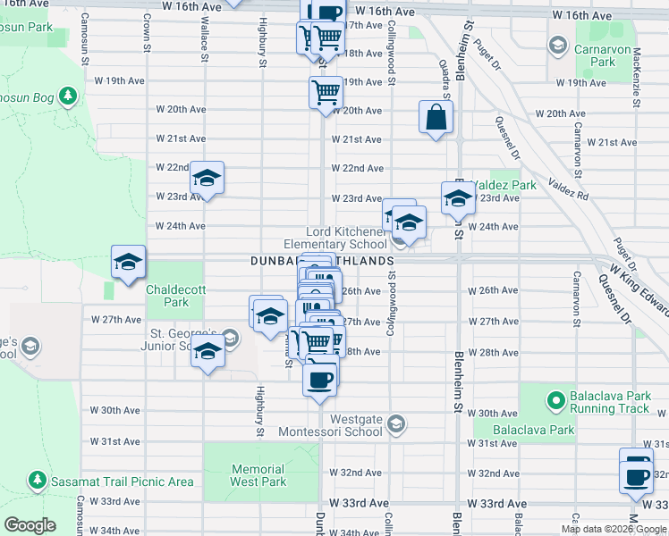 map of restaurants, bars, coffee shops, grocery stores, and more near 3582 West King Edward Avenue in Vancouver