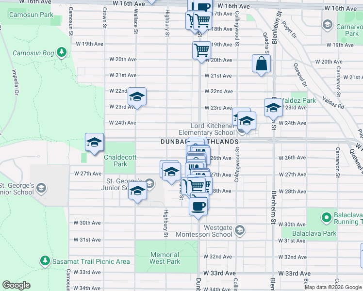 map of restaurants, bars, coffee shops, grocery stores, and more near 3706 West King Edward Avenue in Vancouver