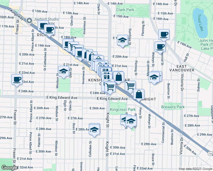 map of restaurants, bars, coffee shops, grocery stores, and more near in Vancouver